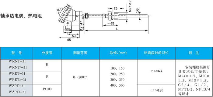 法蘭式熱電偶軸承規格表